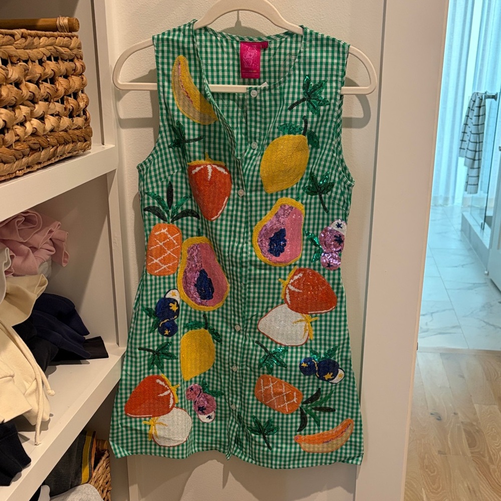 Green Gingham Sequin Fruit Shift Dress